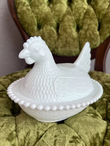 Vtg Indiana Glass HEN ON NEST, Milk Glass, Covered Candy Dish, 7", Ring of Fire