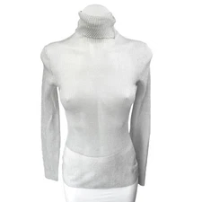 NEW Ser.O.Ya Piper Gray Linen Knit Turtleneck Long Sleeve Sheer Sweater Top Sz M