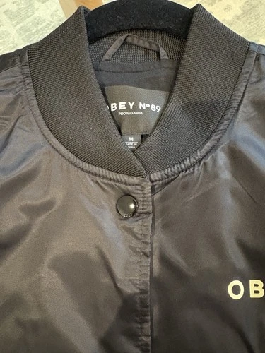 Obey Propaganda No. 89 Satin Bomber Jacket M Black Riot Cop Skull Red Flower image 4