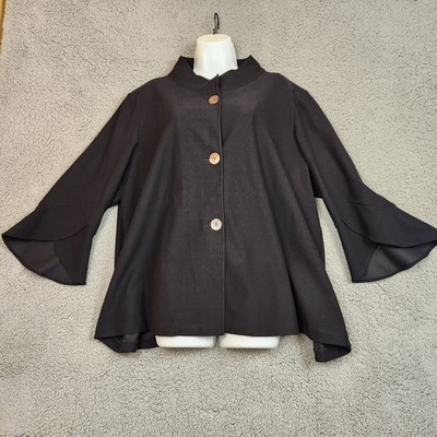 NWT$345 Ming Wang Plus 1X  Button-Front Bell Sleeve Deco Crepe Black Jacket