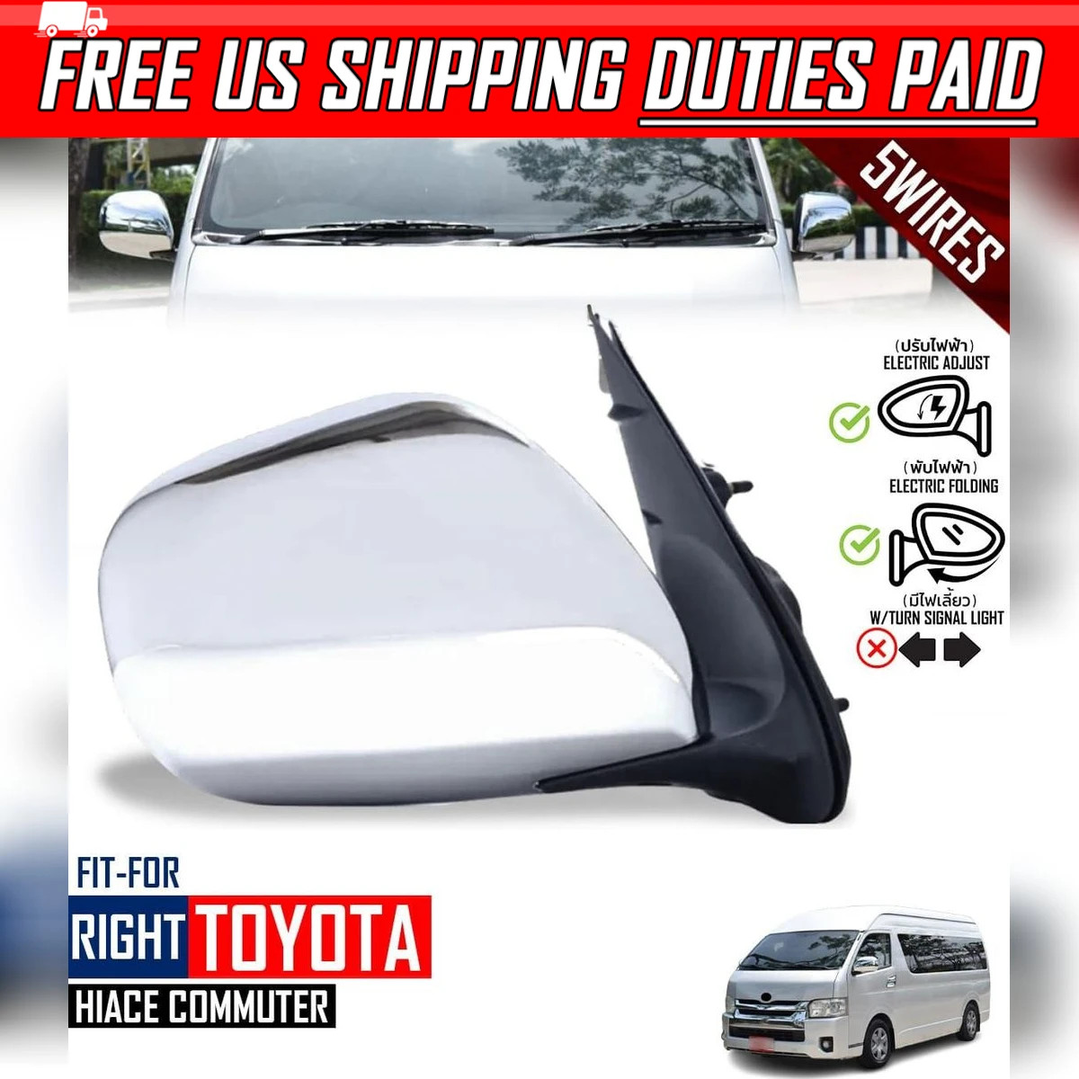 FOR TOYOTA HIACE COMMUTER 2014-2018 RH RIGHT SIDE MIRROR CHROME