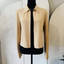 New Alfani Minimalism Beige Tan Ribbed Collared Long Sleeve Blouse Size Small