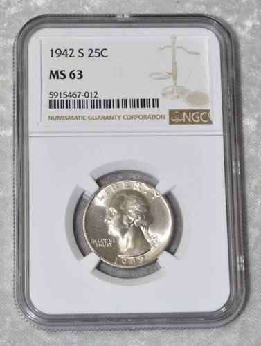 1942 S WASHINGTON QUARTER 90% SILVER NGC MS 63 MS63 SAN FRANCISCO MINT 25¢ COIN
