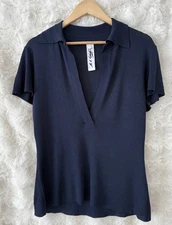 M A DAINTY Navy Collared Light Lyocell Knit Top Blouse Size L