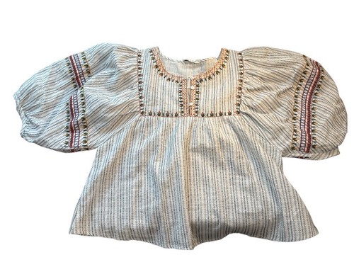 TEA N ROSE Cotton striped embroidered puff sleeve blouse top sz S? boho babydoll