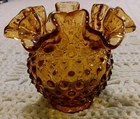 Vintage Fenton Amber Hobnail Ruffled Rim Glass Vase appx: 4.5"ht 5"diameter