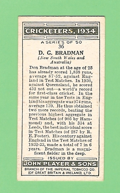 GG. DON BRADMAN & 1934 CRICKETERS CIGARETTE CARDS - FULL SET OF 50