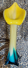Vintage Art Glass Hand Blown Calla Lily Tulip, Yellow Teal Glass Vase