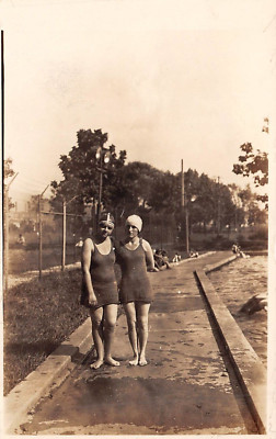 Two Girls with Bathing Caps at Swimming Pool RPPC c1930 Real Photo Postcard 5027