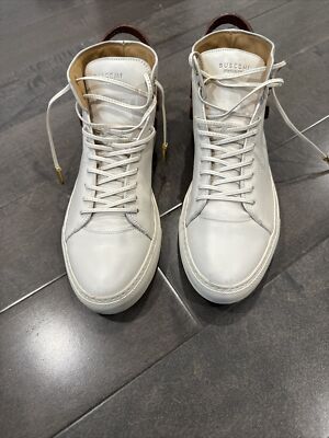 AUTHENTIC BUSCEMI WHITE LEATHER PADLOCK HIGH TOP SNEAKERS SIZE 42