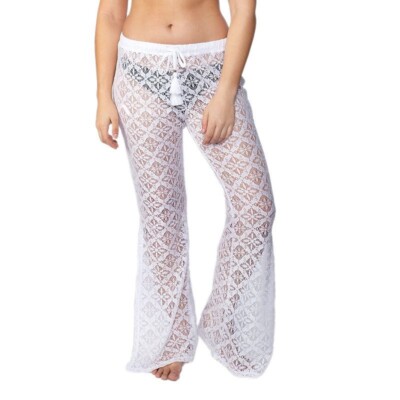 Miken Women's Swim Cover-Up Pants M White Polyester Sheer Crochet ...