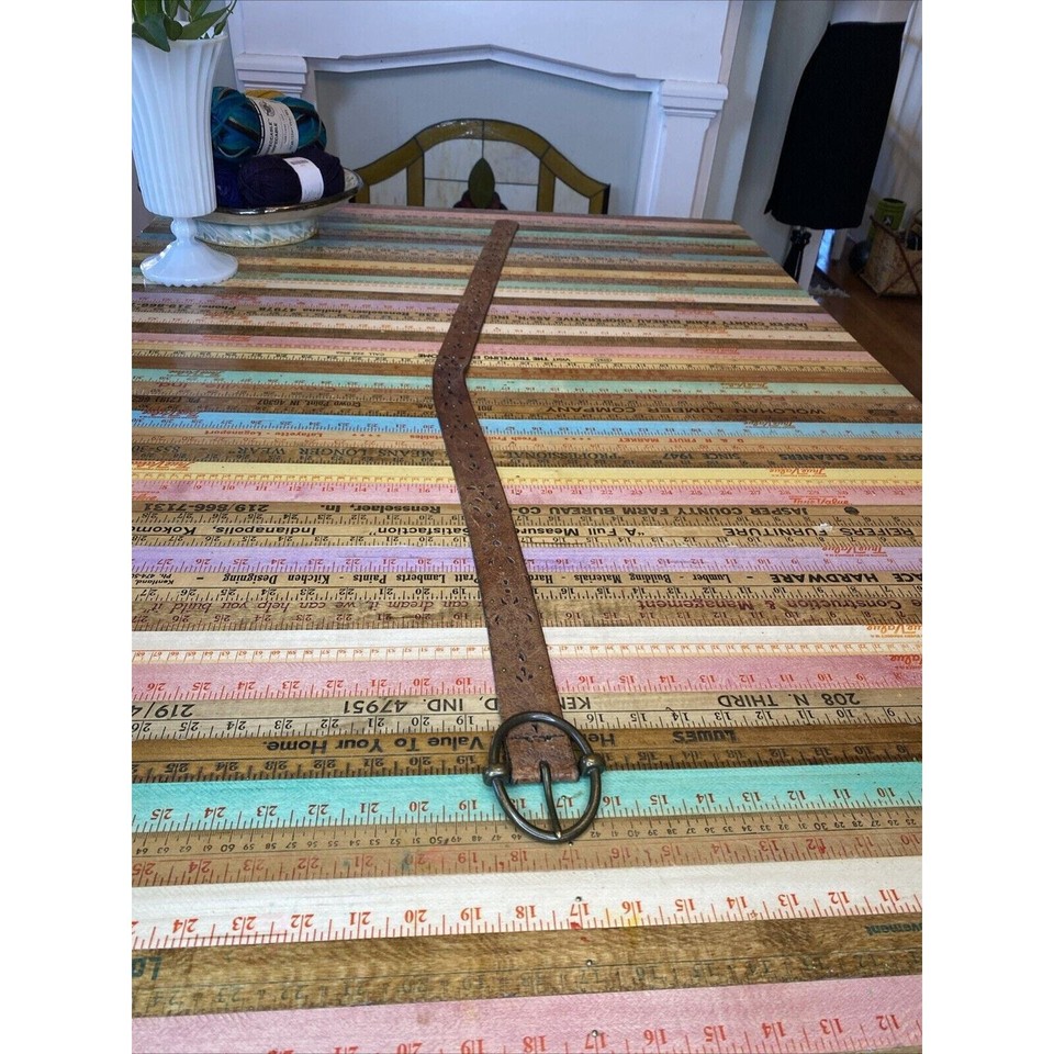 Vintage Womens Leather Brown Studded Boho Belt Gold Tone Buckle Cowgirl