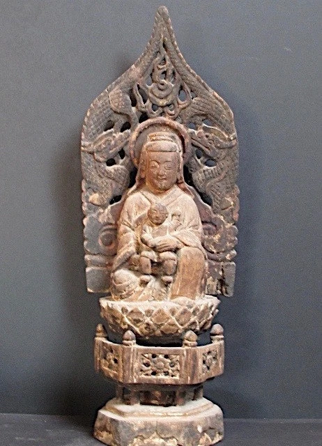 Autel Guanyin et Enfant en Bois de CHINE, Époque QING - Photo 1/1