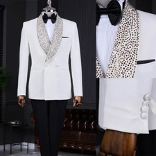 Wedding Grooms Men's Suits Slim Fit Rhinestone Shawl Lapel Party 2 Piece Set