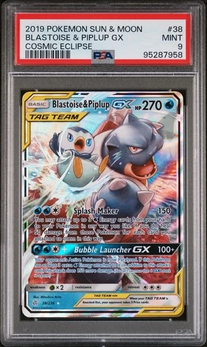 2019 POKEMON SUN & MOON COSMIC ECLIPSE #38 BLASTOISE & PIPLUP GX PSA 9