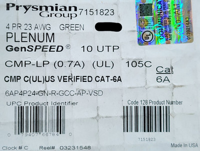 General Cable 7151823 23/4P GenSPEED 10 UTP Cat6A 10GX 10G Plenum Green /50ft