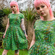 RUN AND FLY Camo Dinosaur Print Cotton Tea Dress with Pockets 8-26 Green Quirky