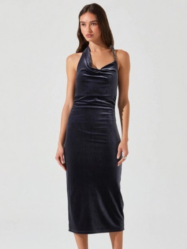 ASTR The Label Eugenie Velvet Midi Dress Size Small Gray Blue New