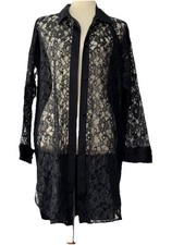 Victoria  s Secret Gold Label Lounge Sleep Shirt  M/L   Black Satin  Lace VTG