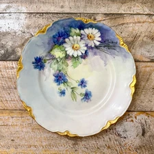 Vintage Hand Painted Floral Plate Antique Signed Daisies Blue Gold Edge 8”
