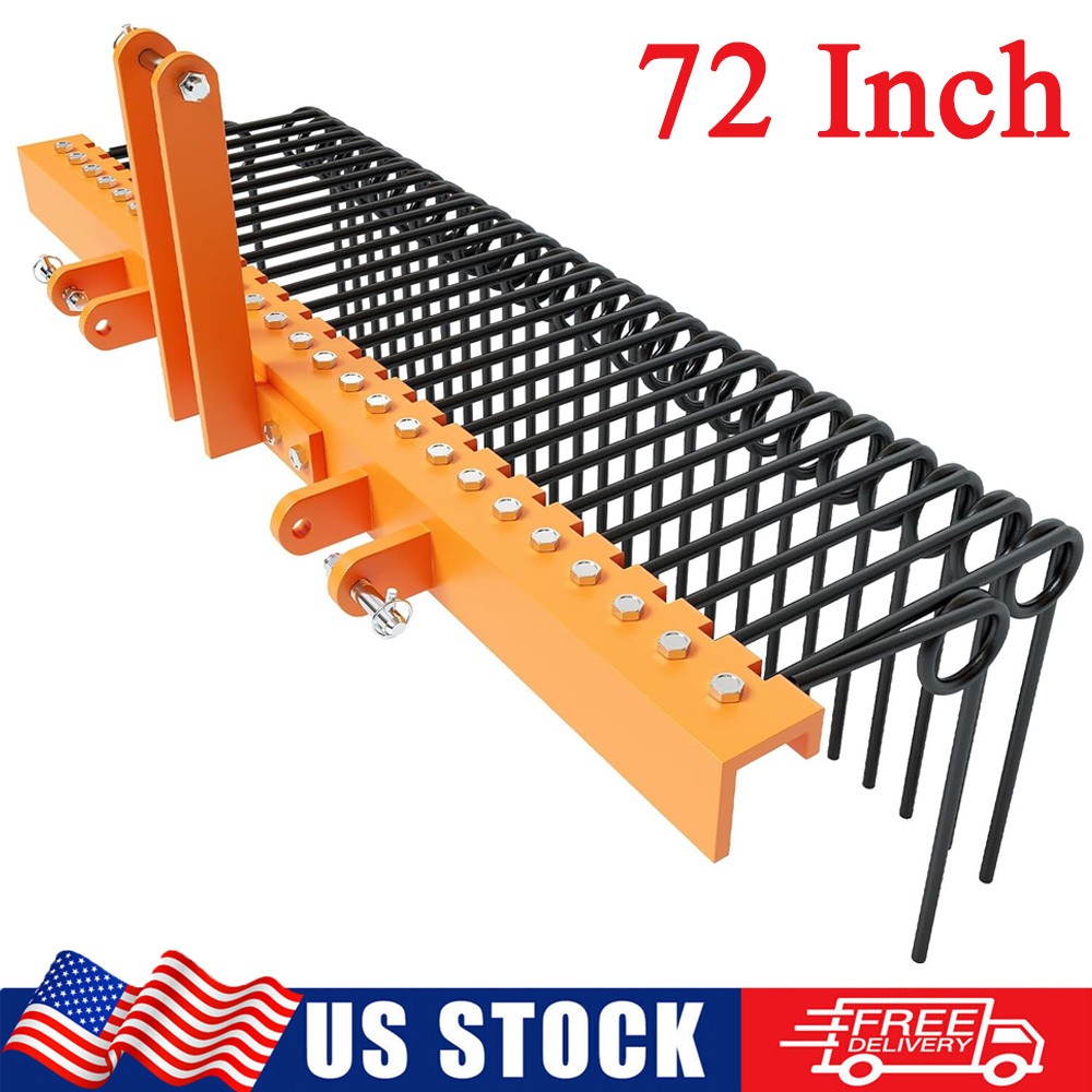 72" 3 Point Steel Pine Straw Landscaping Rake Attaches for Cat-0 Cat-1 Tractors