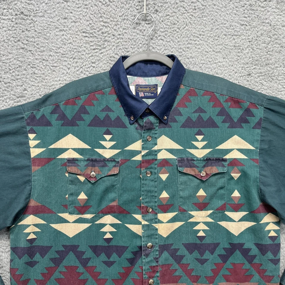 Vintage Panhandle Slim Shirt Mens XL Green Aztec Print Western Made USA 90s - Image 2 of 4