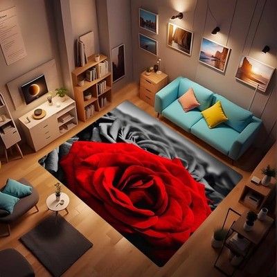 Large Farmhouse Rug for Decor,Romantic Rose Black and White red Painting Abst...