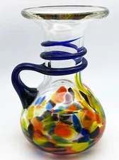 VTG Confetti Swirl Rainbow Hand Blown Art Glass Bud Vase w/ Handle 4.5"