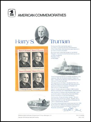 #ad 1973 Harry S. Truman 33rd President CP15 commemorative panel 15 MNH Sc 1499 $8.79