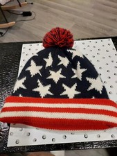 Old Navy Stars Stripes Heavy Cuffed Knit Beanie W/Pom Pom Red/White/Blue Warm