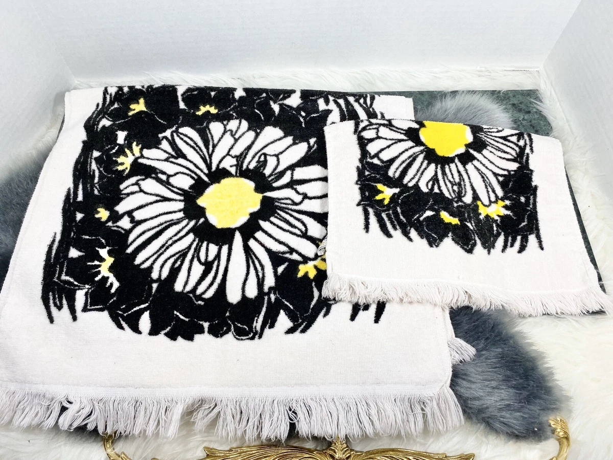 Vintage Fieldcrest Bath Towels Yellow Black Fringe Retro Mid Century Floral  Set