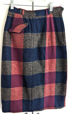 Vintage Wool Red Tartan Pencil Skirt Plaid Schoolgirl XS W Asymmetrical Pocket