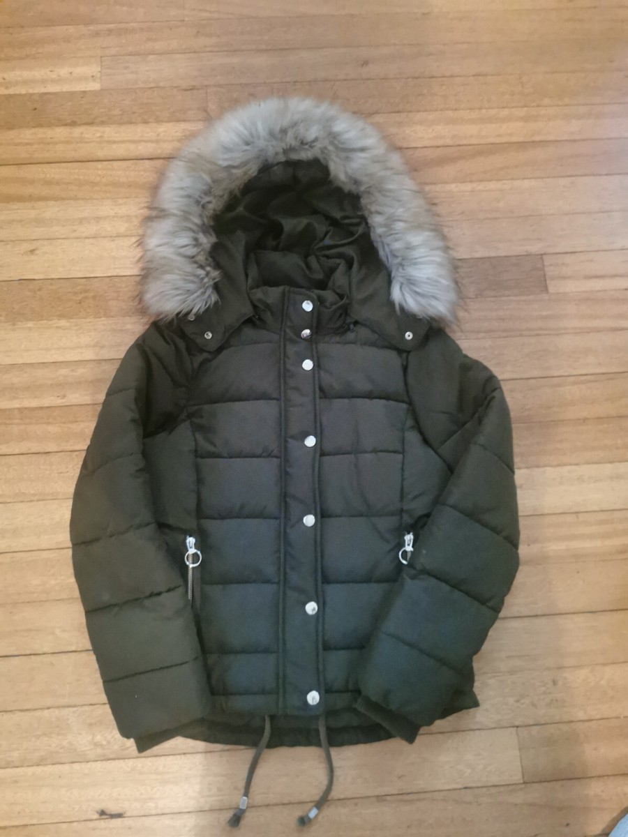 Topshop Size Khaki green Puffer Coat Jacket Deatachable Hood Zip Faux Fur - Main Image