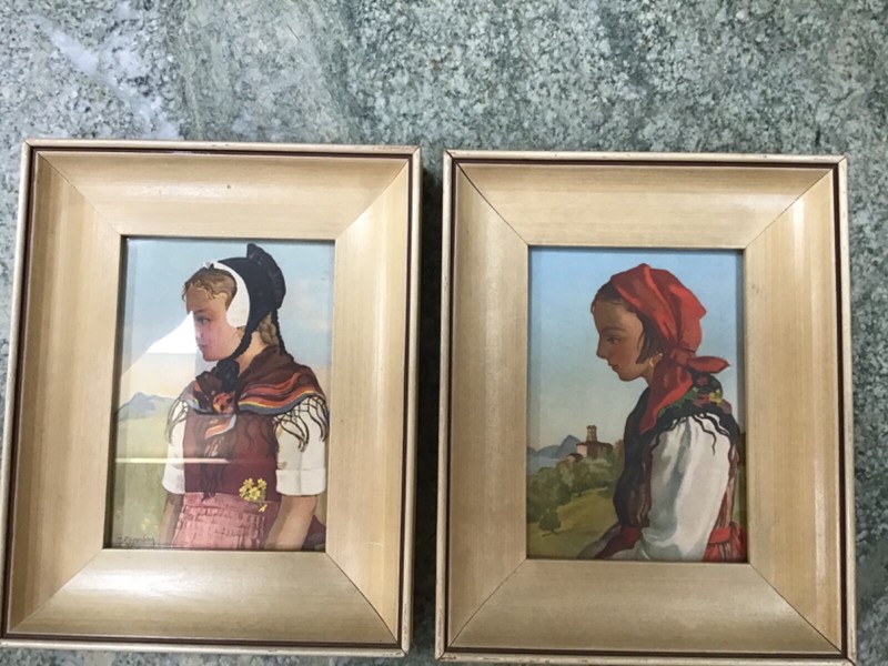 2x Vintage M. Riggenbach Framed Prints Germany Portrait Girl Rosy Cheeks Hats