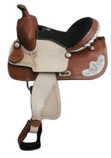 New 13" Double T BASKET WEAVE TOOLED YOUTH SADDLE w/ Suede leather seat Silver