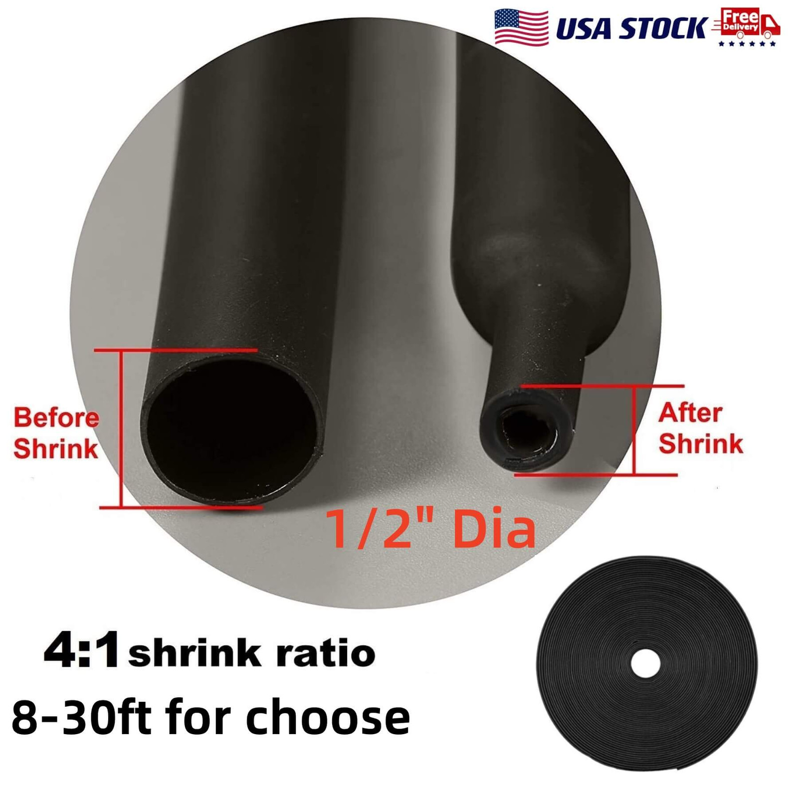 Tubo Termoretraibile Poliolefina Nero Tubo Termoretraibile Nero 30mm (1 3/16") - Rapporto 3:1, Lunghezza 4 Piedi, Per Isolamento Cavi Silicone Acetico Trasparente