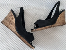 Unbranded Black & Cork Effect Wedges Size 5.5 Peeptoe Slingback High Wedge