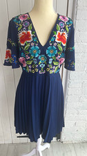 ASOS Navy Embroidered Floral Pleated Dress UK 10 | V Neck Occasion Wedding Guest