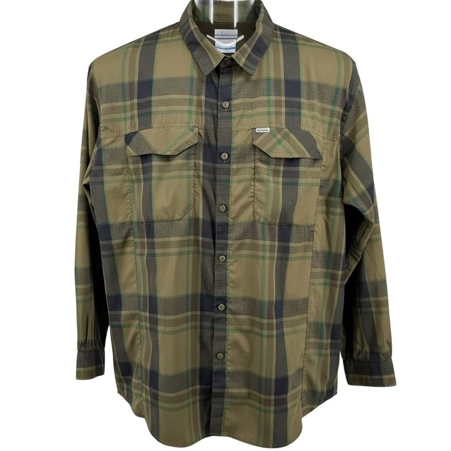 Columbia Mens 3XL Plaid Long Sleeve Vented Fishing Hiking Shirt Olive Green Blue