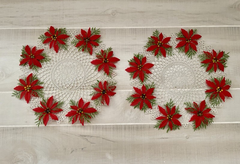 Vintage Christmas White Plastic Red Poinsettia Placemat Doily 12” Set of 2 -1960