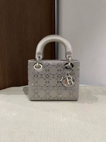 Dior Lady Dior Mini Gray Satin Crystal Cannage 3 Compartments Handbag