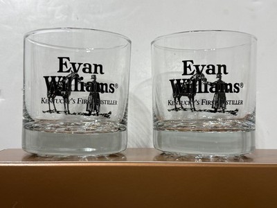 Two (2) Evan Williams Bourbon Whiskey Rocks Glasses - Kentucky's First Distiller