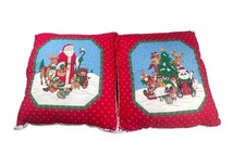 Vintage Christmas Pillows Set of 2 Santa Animals Snow Scene Red Quilted Holiday