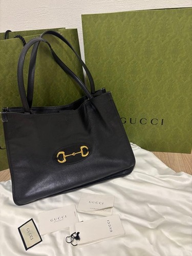 GUCCI 1955 Horsebit Leather Tote Bag Black Gold Hardware 621144 Auth