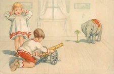 Drawn children couple caricature postcard boy military game cannon elephant 1930