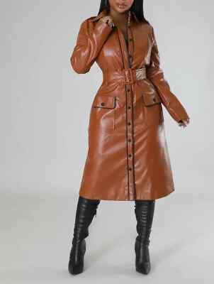 ladies leather dress coats LMSXCT Womens Leather Long Sleeve Jacket Dress Lapel Full Zipper Faux Leather Long Jacket Coats Fashion Trench Coat Outwear at Amazon Women's Coats Shop