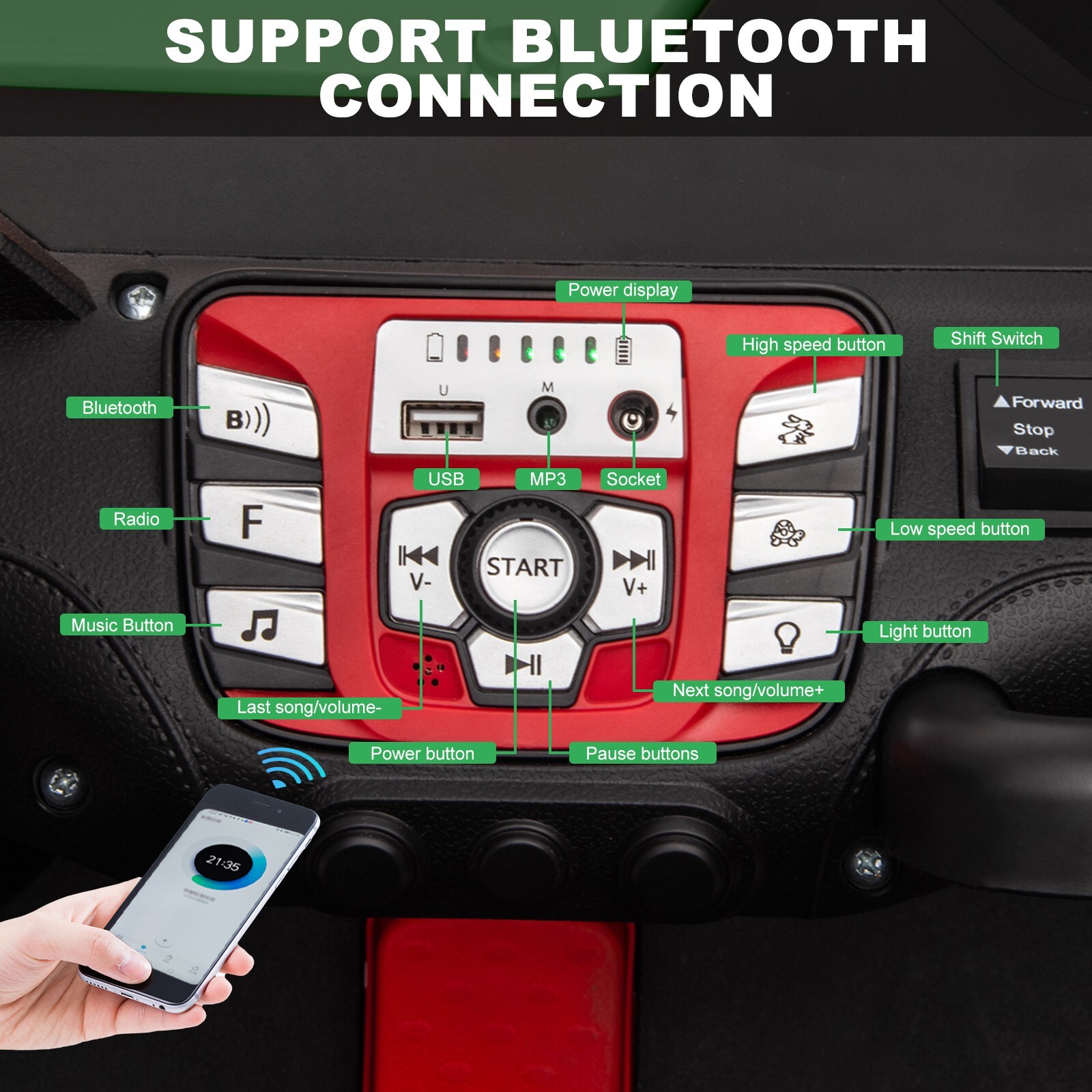 ZEOPHOL 24V Kids Ride On Car UTV Truck 4WD 2-Seater Electric Truck 80W*4 Green