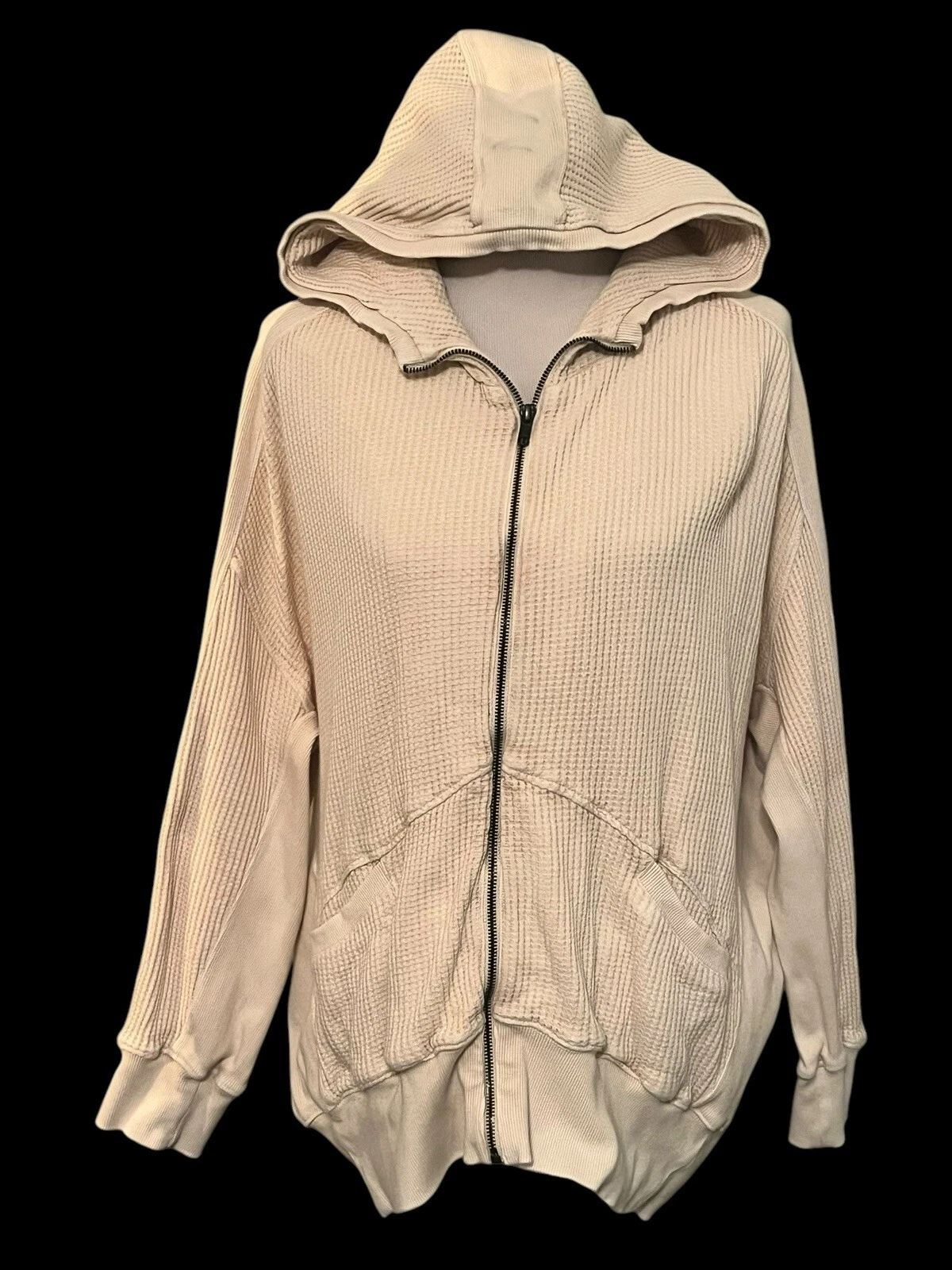 OFF WHITE Felpa con cappuccio FREE PEOPLE Ash •S• Dolman Waffle maglia zip tasche termiche panna