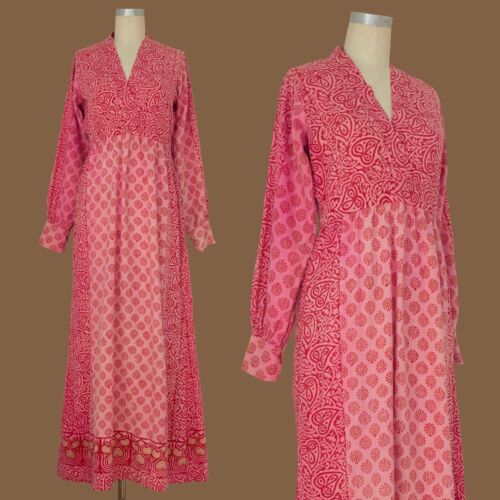 Vintage 1960s Pink Indian Cotton Block Print Dres… - image 1