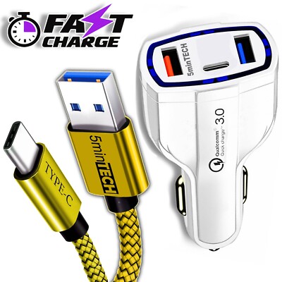 Car Charger with 3 Ports (2x USB-A, 1x USB-C) + USB-C to USB-A Phone Cable FAST